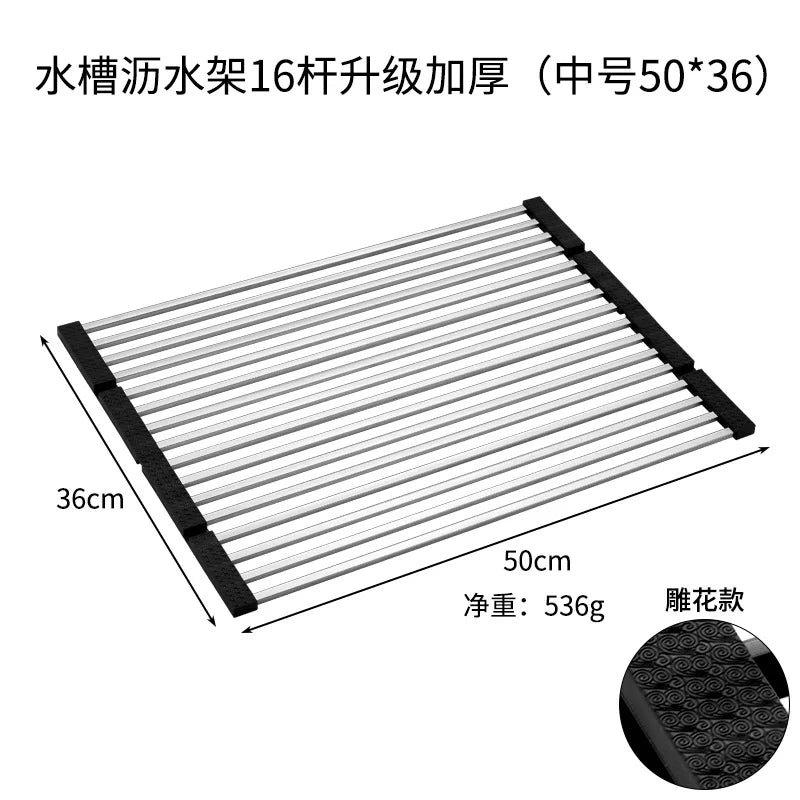 Folded Dish Drain Rack for Kitchen SUS304 Steel,Sink drying Rack,Bowl shelf Roll-up Dish Drying Rack Overthe Sink Plate Storage Peaceful Pleasures Health and Wellness 16 rods medium