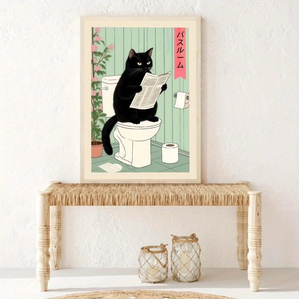 Modern,Retro Interesting Toilet Cat Wall Art Print Canvas Painting Poster Picture For Living Room,Bedroom Home Decor Peaceful Pleasures Health and Wellness