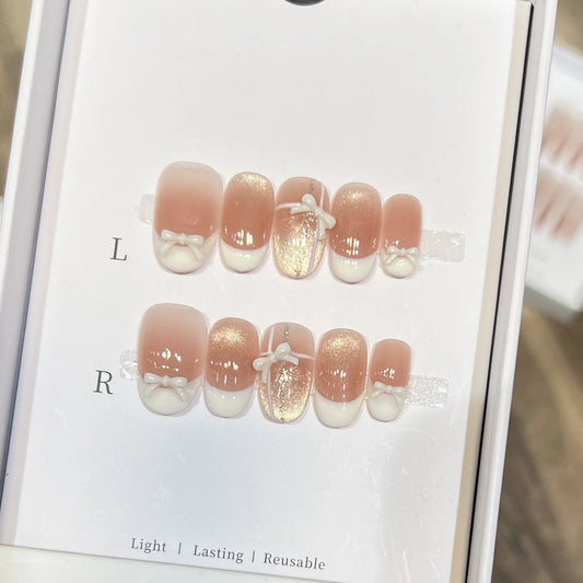 Handmade French Cat Eye Press On Nails – White Bow Short Round Press On Nails Peaceful Pleasures Health and Wellness