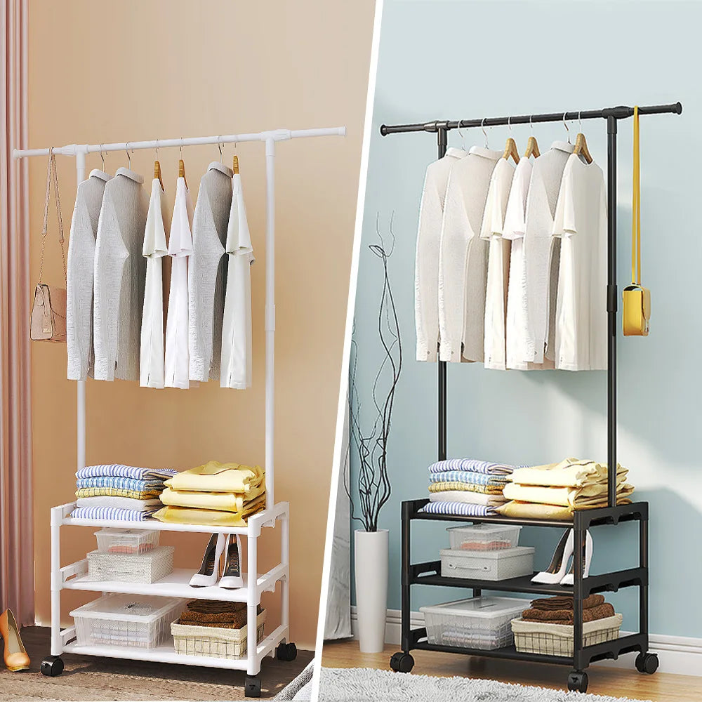 Rolling Clothes Rack with Shelves for Hanging Clothes Hats Bags with Shoe Storage, Portable Metal Garment Rack Clothing Rack Peaceful Pleasures Health and Wellness WHITE