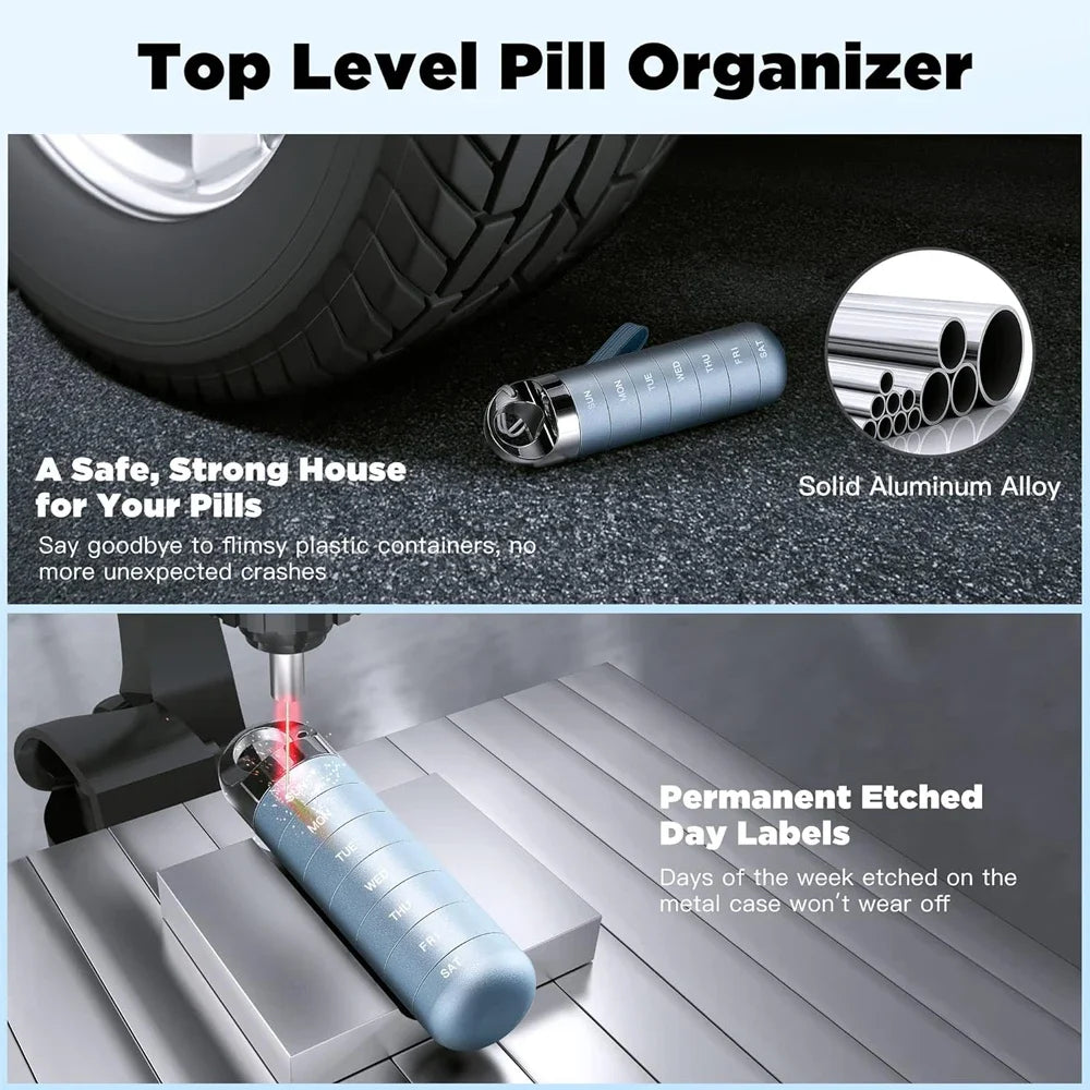 Portable Travel Pill Box Metal 7 Day Pill Case Organizer Waterproof Aluminum Alloy Travel Pill Case Container for Vitamins Peaceful Pleasures Health and Wellness