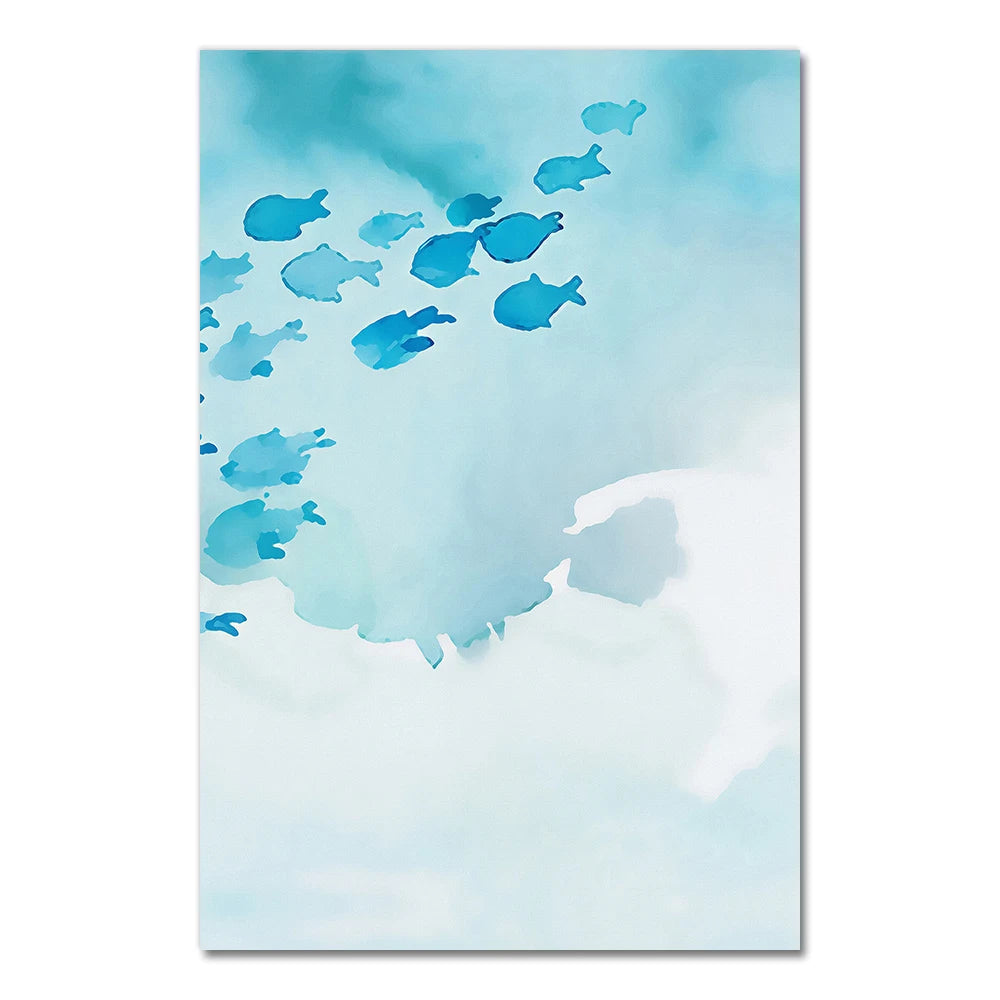 Abstract Poster Cartoon Blue Fish Group Canvas Painting Childlike Wall Art Pictures Print Room Decorative For Nursery Children Peaceful Pleasures Health and Wellness 3240-03 50x70cm