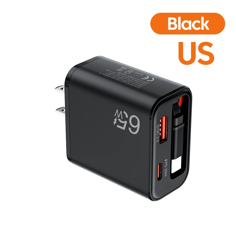 65W Retractable USB-C Charger QC 3.0 & PD 20W – iPhone & Android