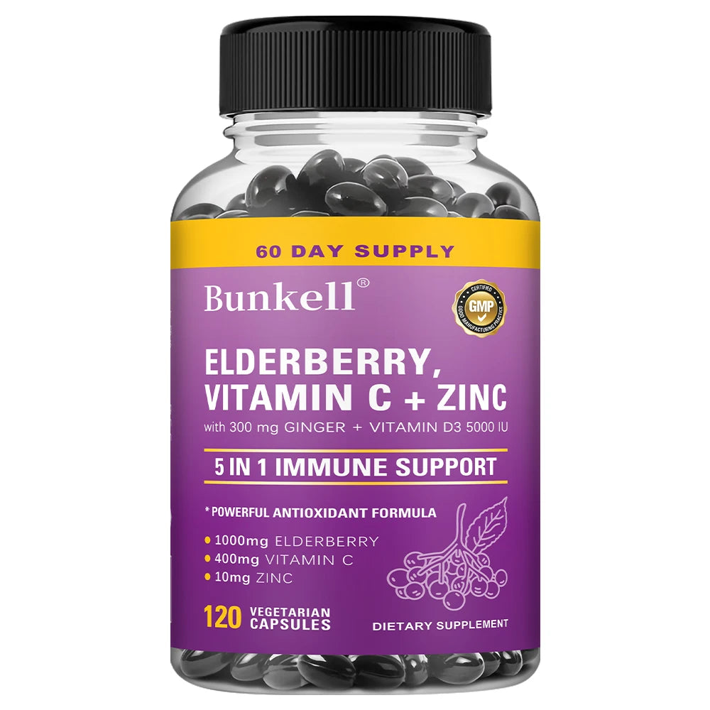 Elderberry Immune Support Capsules 1000MG with Vitamin C Zinc & Ginger - Antioxidant, Healthy Skin, Energy Boost for Men & Women Peaceful Pleasures Health and Wellness 120 count-1 bottle