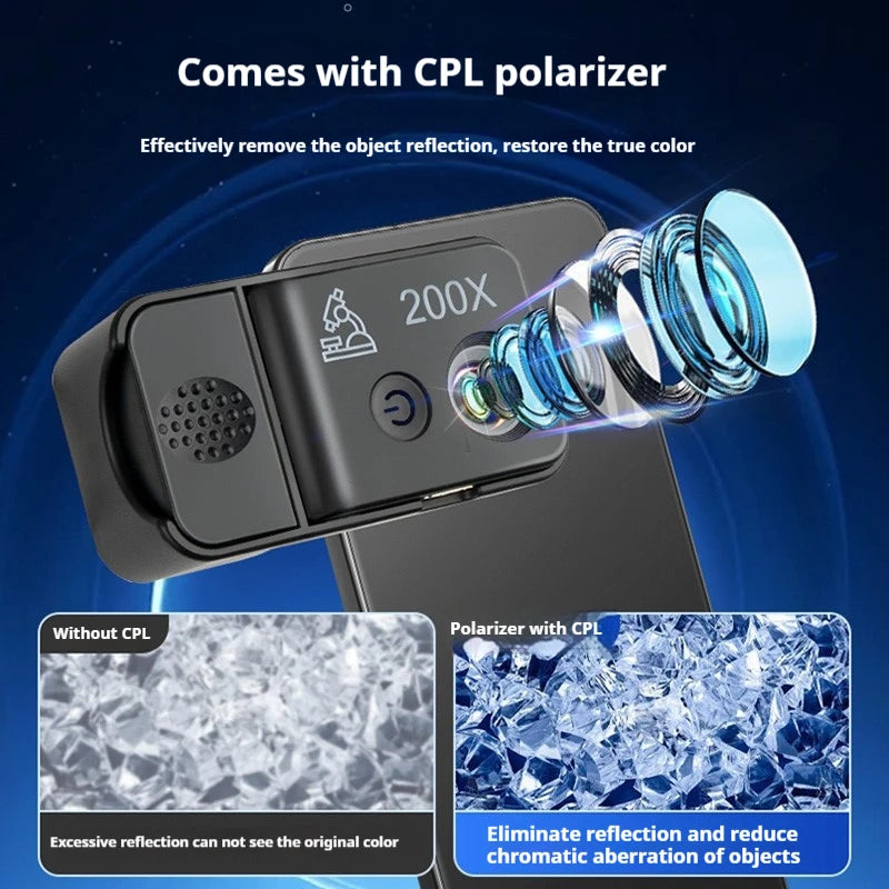 Mobile Phone Microscope 200X Purple Light Identification Portable Rechargeable Gift Peaceful Pleasures Health and Wellness