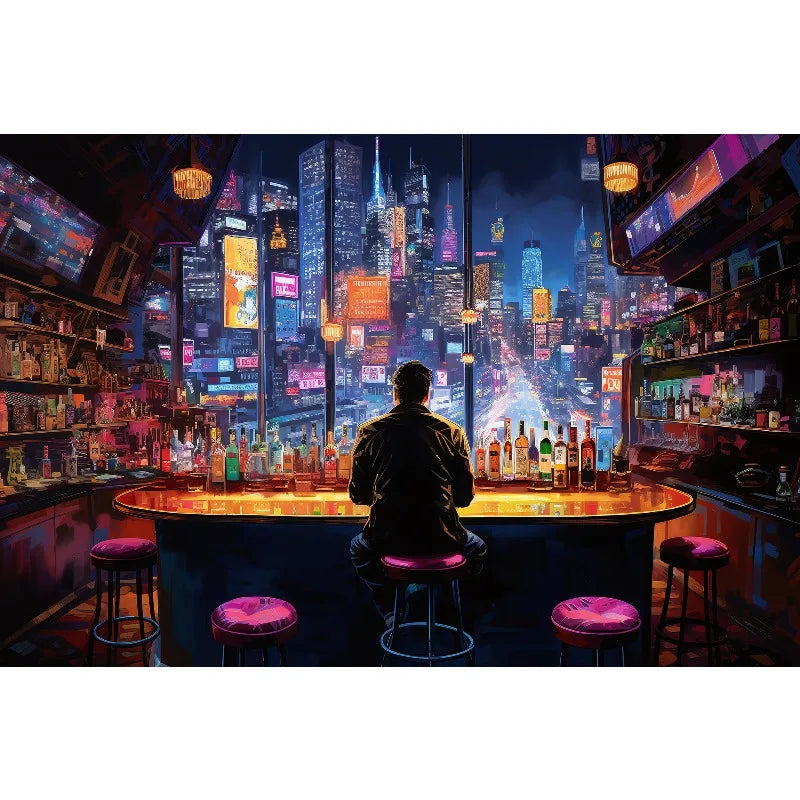 1pc frameless Cyberpunk Night City Landscape Poster Future Neon Lights Bar Design Canvas Wall Art for Living Room Home Decor Peaceful Pleasures Health and Wellness 10 20x30cm Unframed
