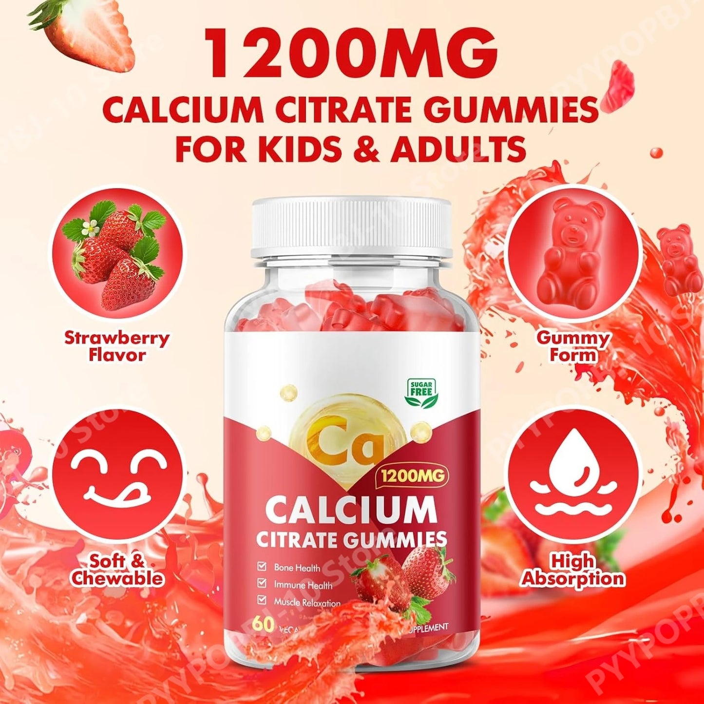 Calcium Citrate Gummies 1200mg Sugar Free – Strawberry 60ct