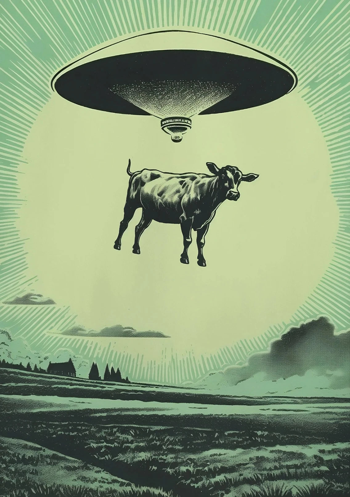 UFO Alien Cow Abduction Canvas Print | Retro Sci-Fi Wall Art Canvas Wall Art Print Peaceful Pleasures Health and Wellness 20 20x30cm Unframed