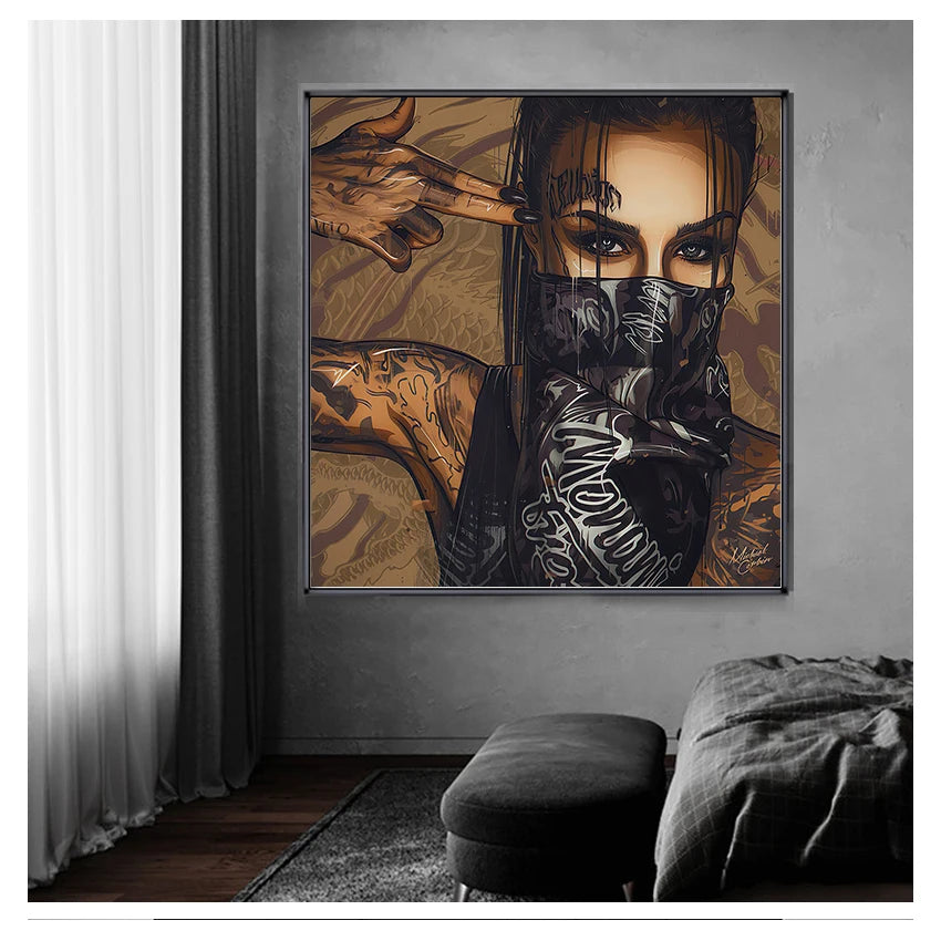 Oil Painting Posters and Prints on Canvas Wall Art Picture for Living Room Cuadros Home Decor Wearing Mask Tattoo Girl Portrait Peaceful Pleasures Health and Wellness