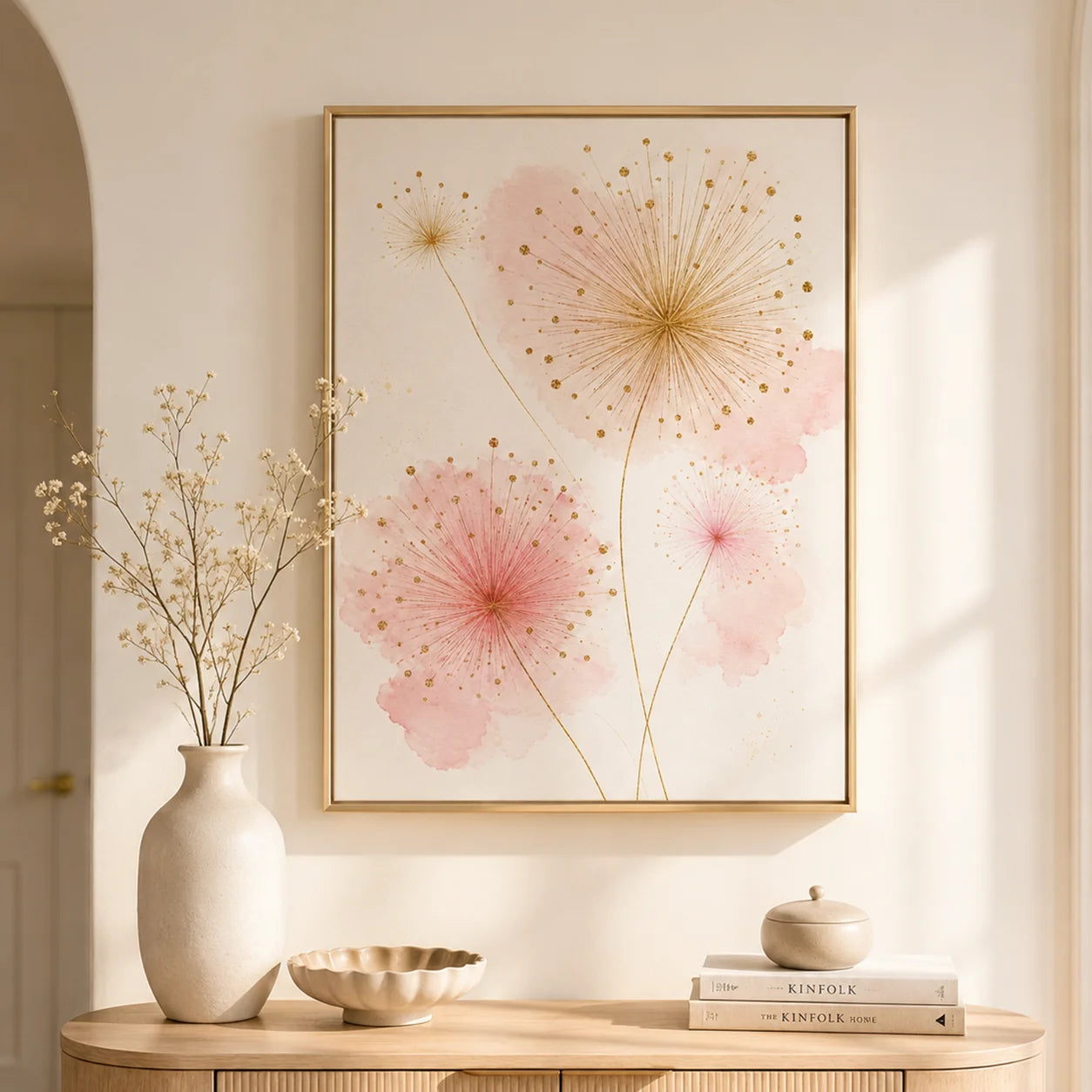Nordic Dandelion Wall Art Pink Gold Floral Canvas Painting Botanical Poster Print Living Room Wall Decor Peaceful Pleasures Health and Wellness