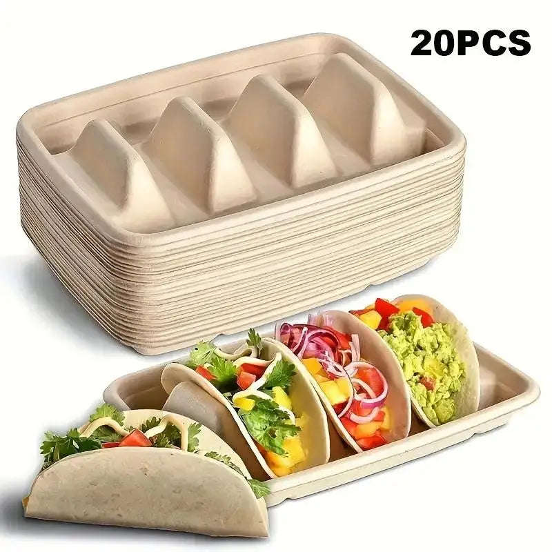 20-Pack Disposable 3-Compartment Taco Plates | Eco Tray Holder