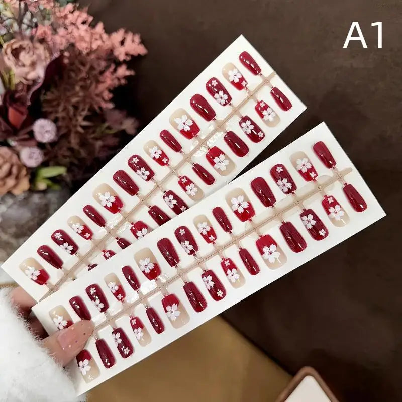 30 Pcs/Set Fake Nail Tips Red Flowers False Nails Matte Temperament Flowers Extended Nail Extensions Nail Art DIY Peaceful Pleasures Health and Wellness A1