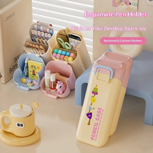 Amazing Cute Portable Multifunctional Slanting Pen Holder Cartoon Stationery Storage Jar for Student Dormitory Desktop Peaceful Pleasures Health and Wellness