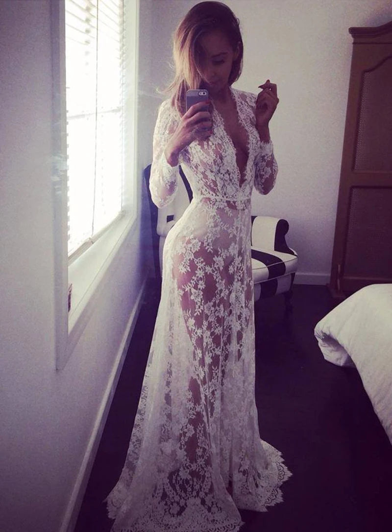 Sexy Deep V-Neck Long Sleeve Lace Beach See-Through Maternity Maxi Dress Douche de bébé Photographie de vêtements de maternité Peaceful Pleasures Health and Wellness