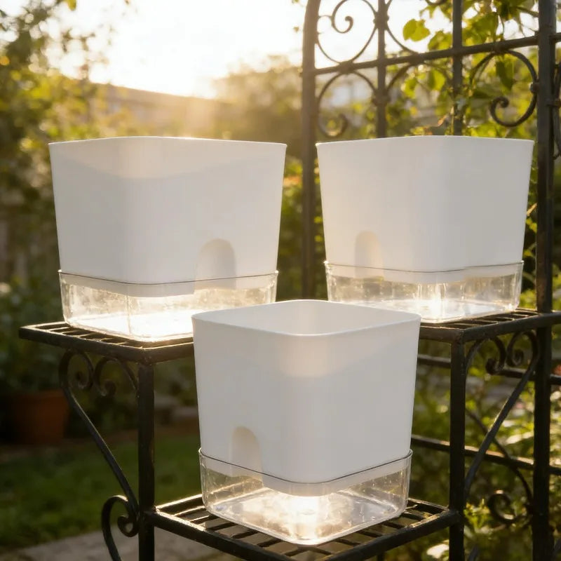 White Square Self-Watering Plant Pot | Double Layer Flowerpot