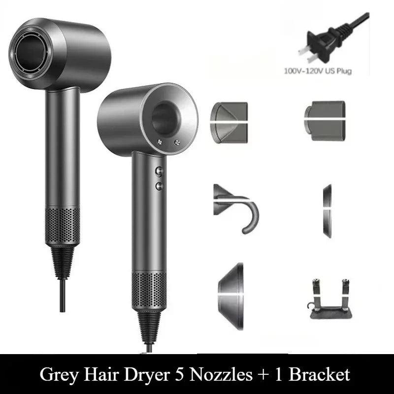 2026 Negative Ion with Air Collecting Scattering Nozzle Salon Tool for Home Travel Professional Leafless Wall-mounted Hair Dryer Peaceful Pleasures Health and Wellness grey 5 nozzles US