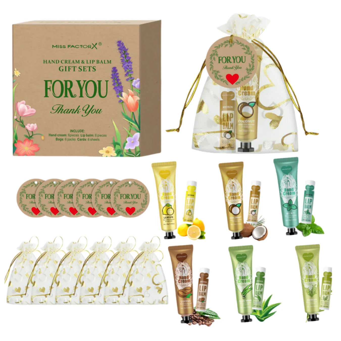 6 sets/box wedding companion gift set, hand cream set lip balm set, love thank you card and love gauze bag, party gift distribut Peaceful Pleasures Health and Wellness