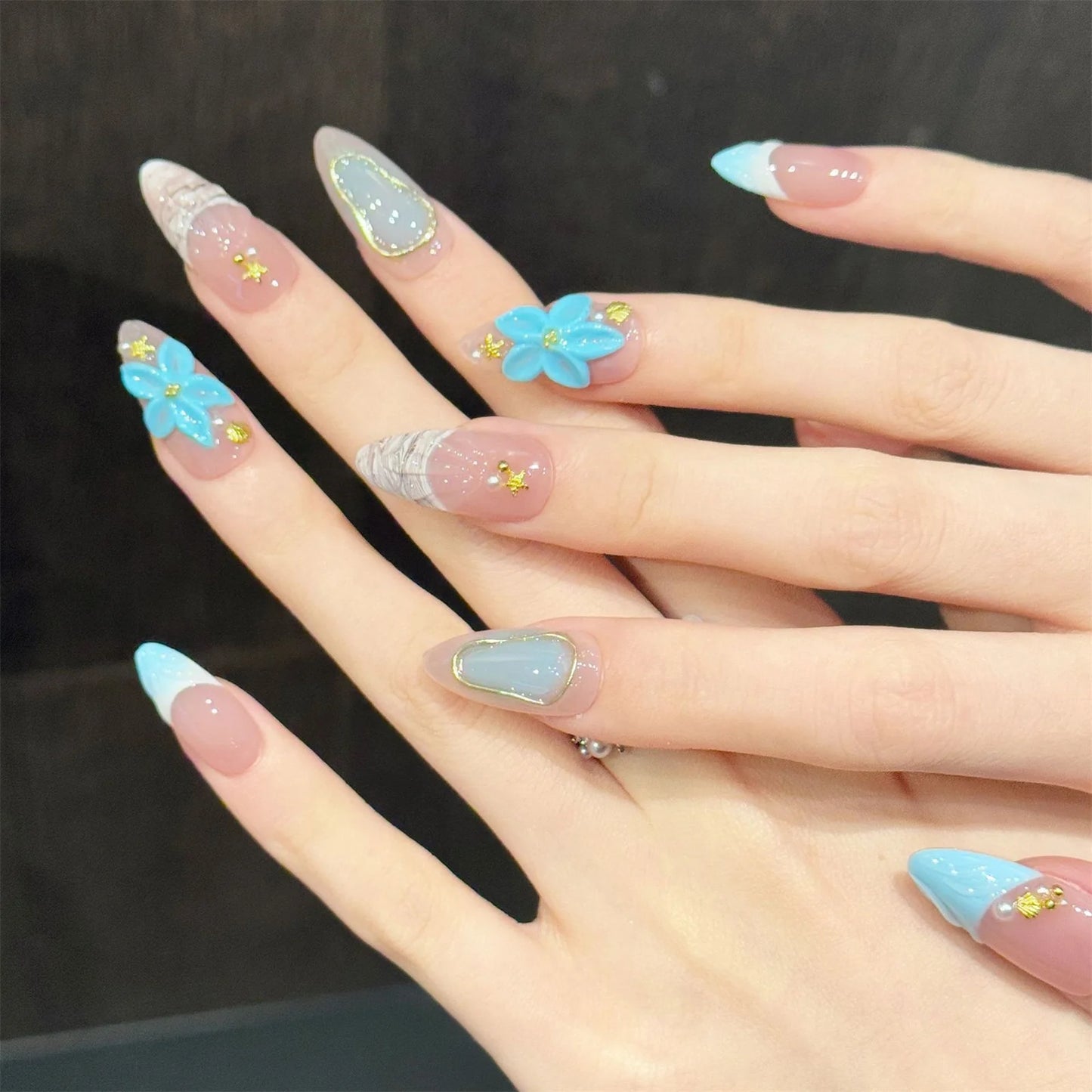Handmade Press On Nails 10pcs Almond Ocean Style Fake Nails 3D Carved Flower Decor Wearable Fashion French False Nails For Women Peaceful Pleasures Health and Wellness