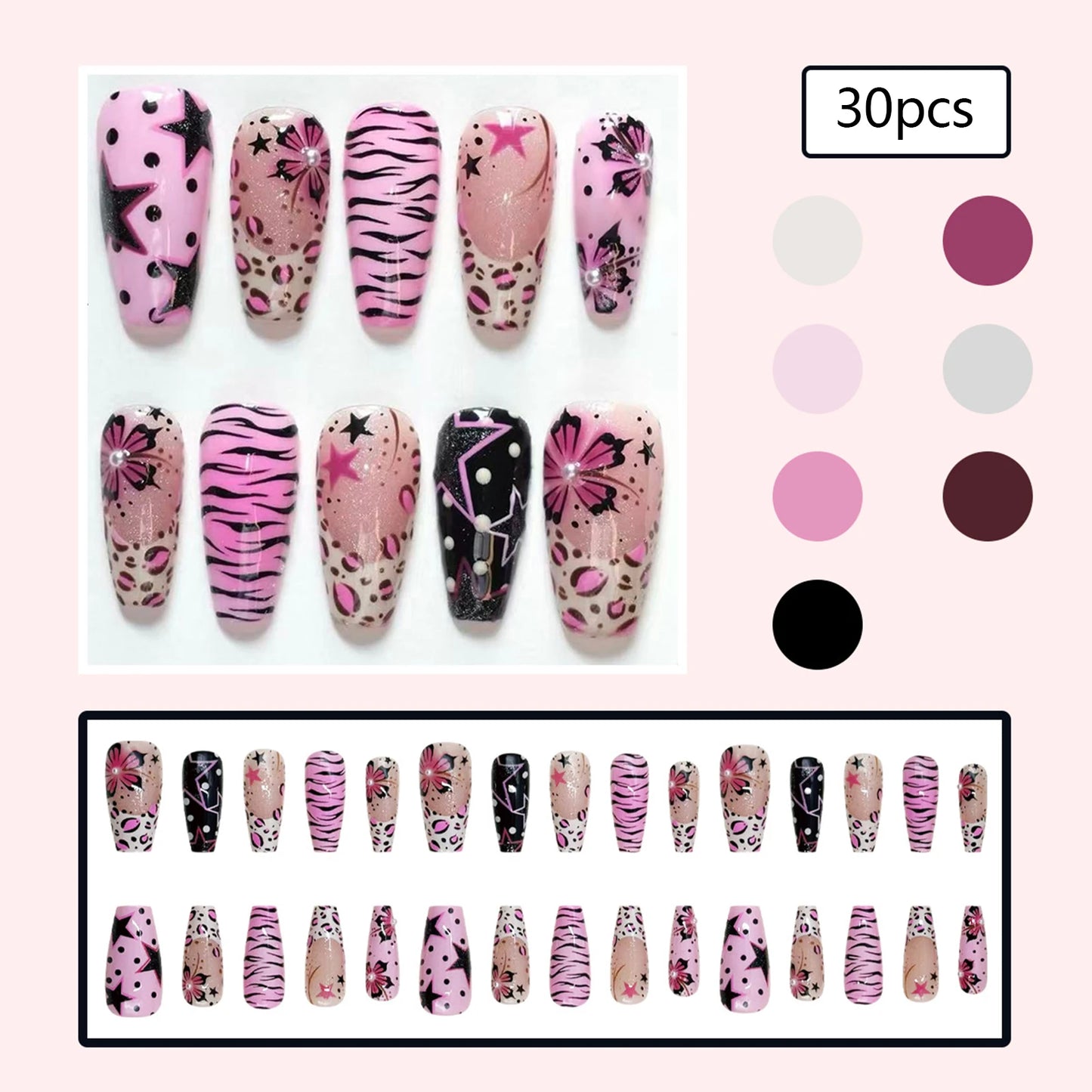 24pcs Women's False Nails Y2k Five-pointed Star 3D Pearl Decorated Fake Nails For Spicy Girl Leopard Print Flower Manicure Art Peaceful Pleasures Health and Wellness