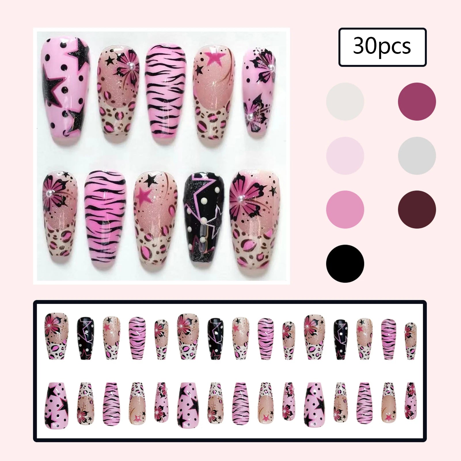 24pcs Women's False Nails Y2k Five-pointed Star 3D Pearl Decorated Fake Nails For Spicy Girl Leopard Print Flower Manicure Art Peaceful Pleasures Health and Wellness