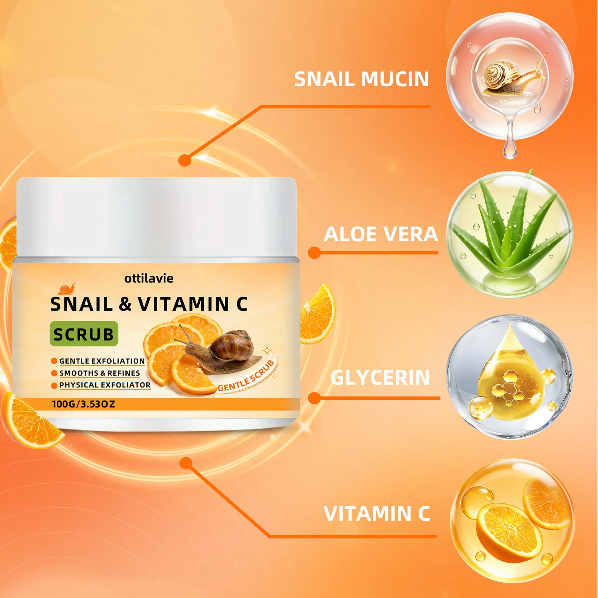 ottilavie Snail Vitamin C Scrub: Gently exfoliates & deeply cleanses. For all skin types, day or night. (Unisex) Peaceful Pleasures Health and Wellness