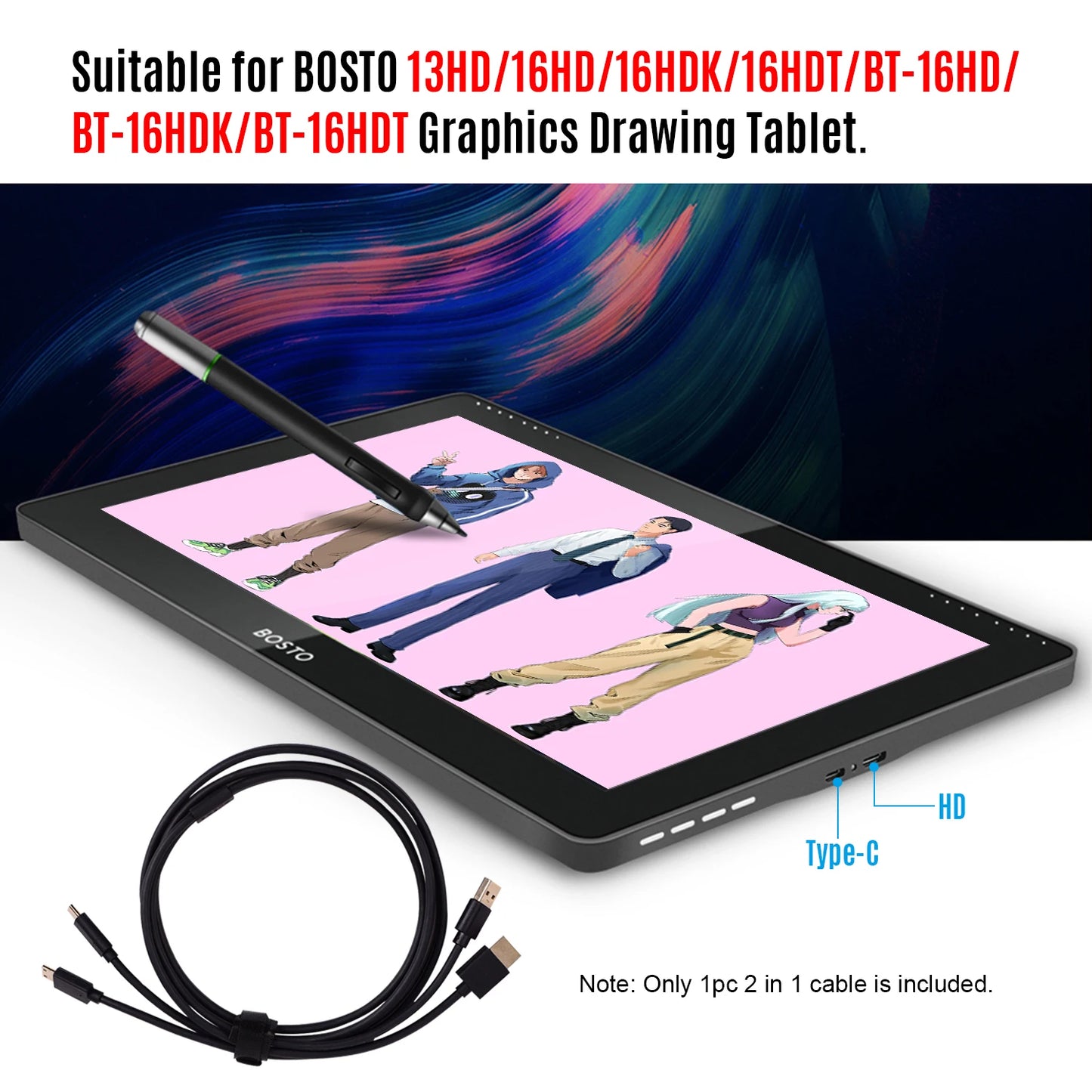BOSTO 2-in-1 Cable for 13HD 16HD 16HDK 16HDT Drawing Tablet