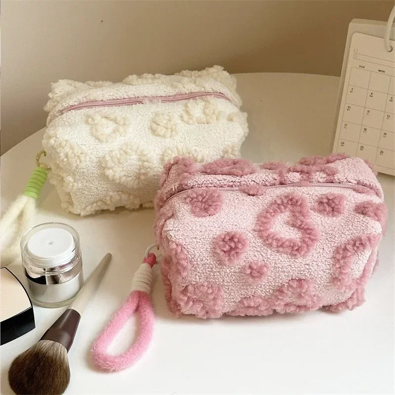 Plush Makeup Bag with Handle | Love Print Travel Cosmetic Pouch