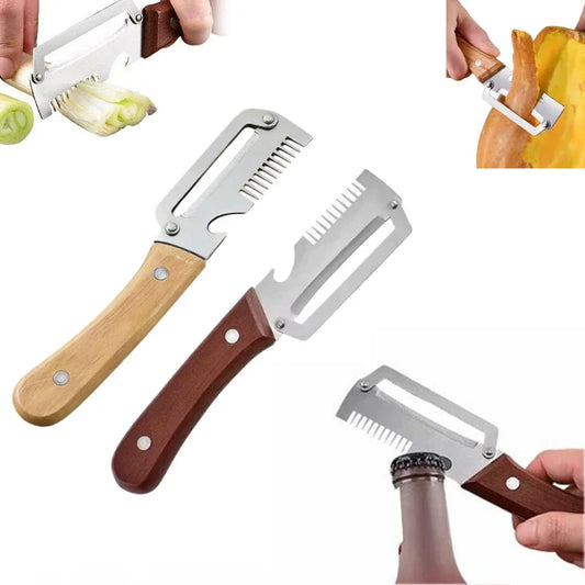 3-in-1 Kitchen Peeler Shredder & Bottle Opener – Wooden Handle Peaceful Pleasures Health and Wellness