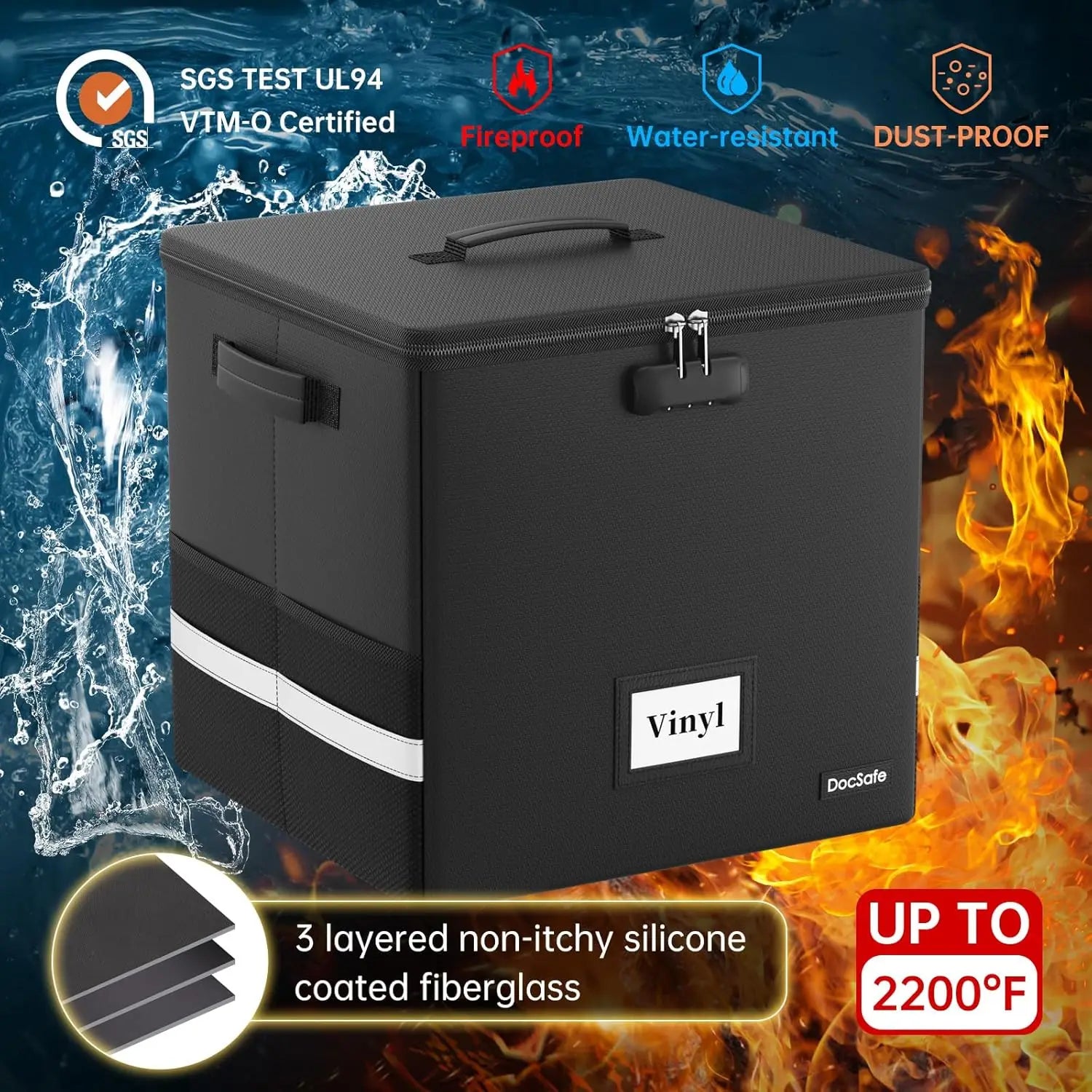 Black fiberglass box with fireproof, water-resistant, and dust-proof features on a background of flames and water.