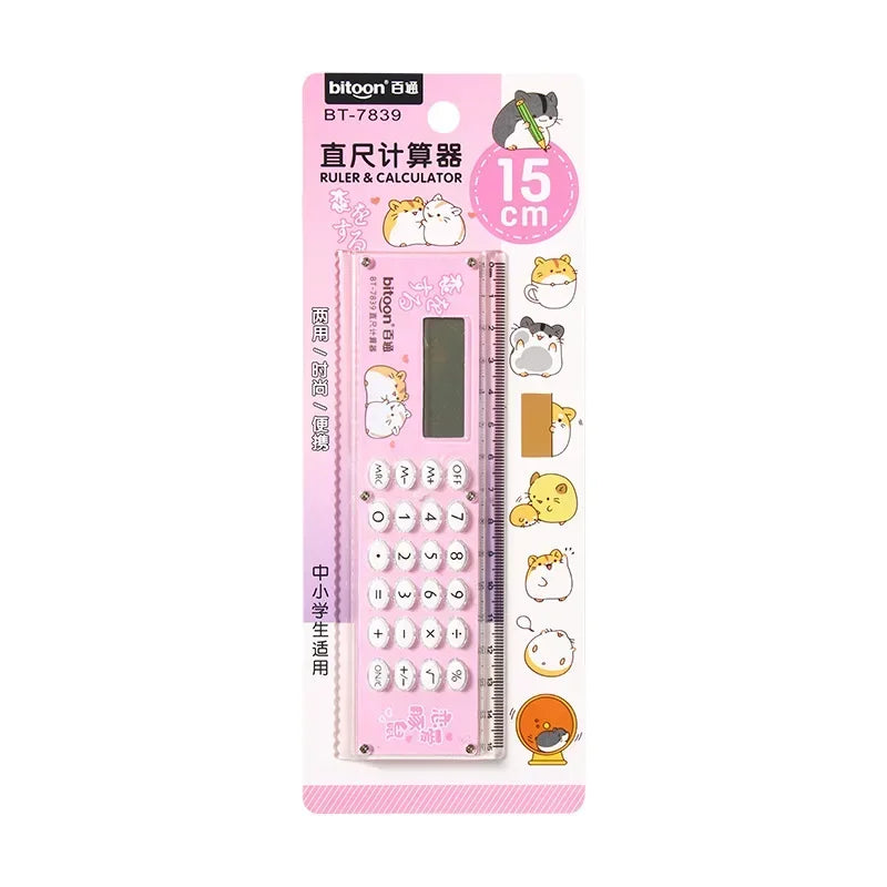 Ruler Calculator Mini Cartoon Cute Gift with A Calculator Ruler Personalized and Creative Multifunction Office School Supplies Peaceful Pleasures Health and Wellness pink-1pc