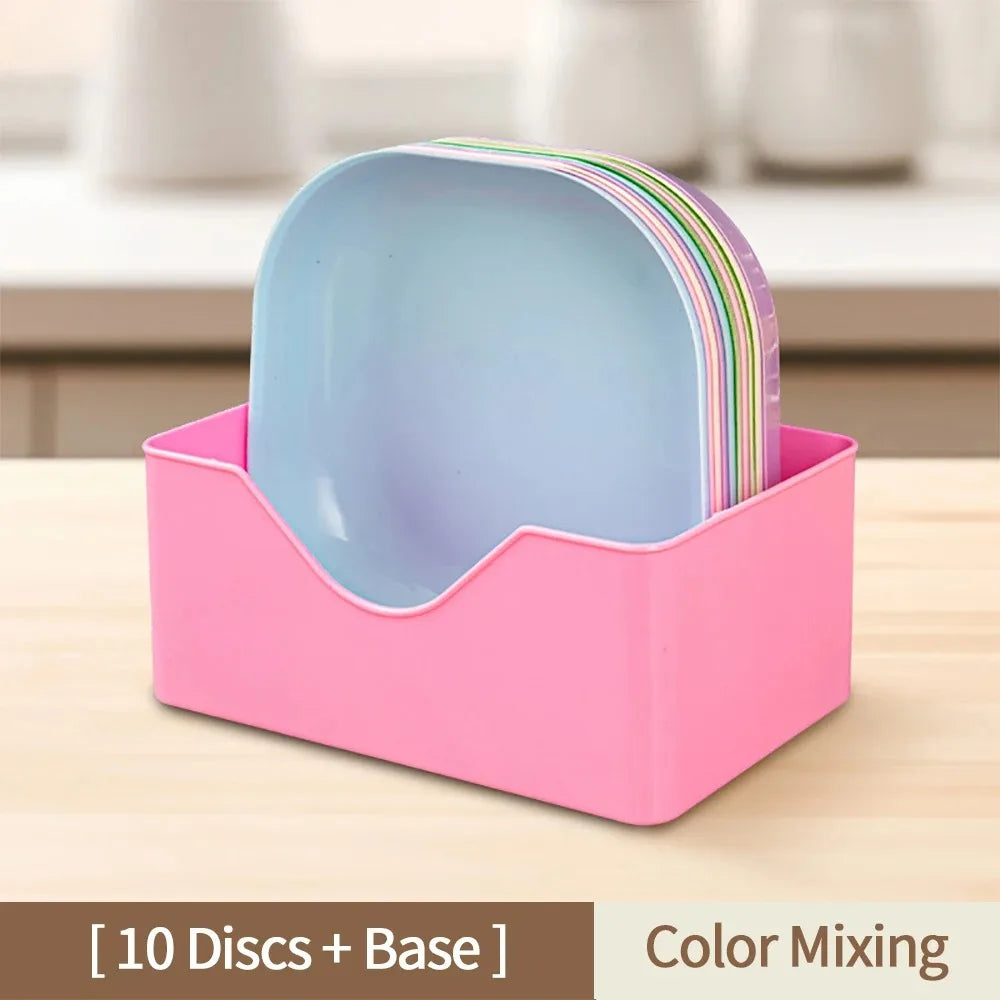 10-Piece Macaron Color Square Snack Plate Set with Stand