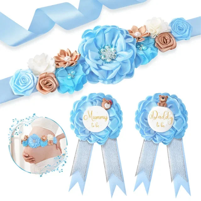 Flower Sash Set-Baby Shower Mom to Be Daddy to Be Corsage Pin- Belt for Maternity Dress Photo Props حزام Пояс Cinturón Ceinture Peaceful Pleasures Health and Wellness colors 25