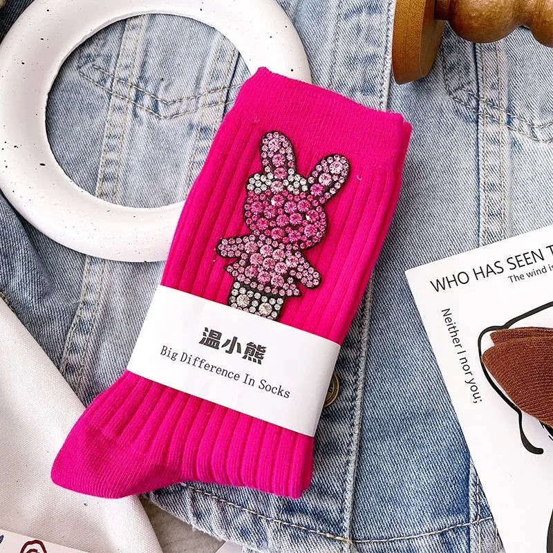 Diamond Cartoon Rabbit Decorative Socks, Fashionable Diamond Sparkling Women's Socks, Comfortable And Breathable Christmas Socks Peaceful Pleasures Health and Wellness Rose Red One Size