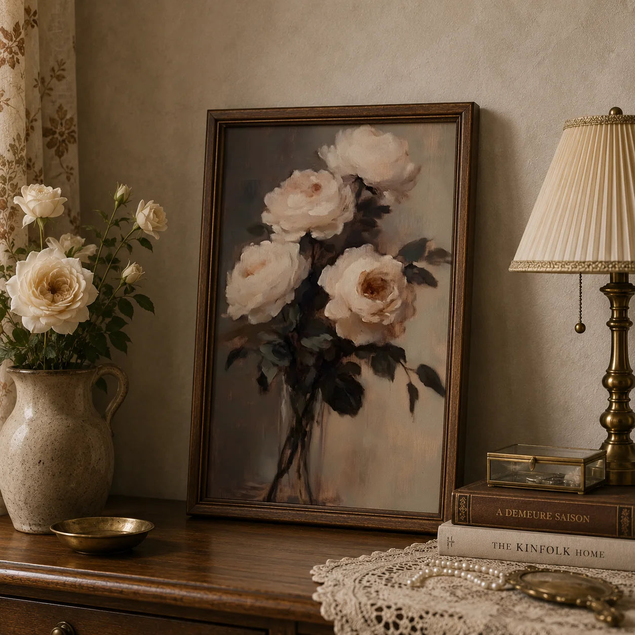 Vintage Wall Art, Rose Floral Oil Painting Canvas Painting, Neutral plant Poster Print for Bedroom Living Room Wall Decor Peaceful Pleasures Health and Wellness