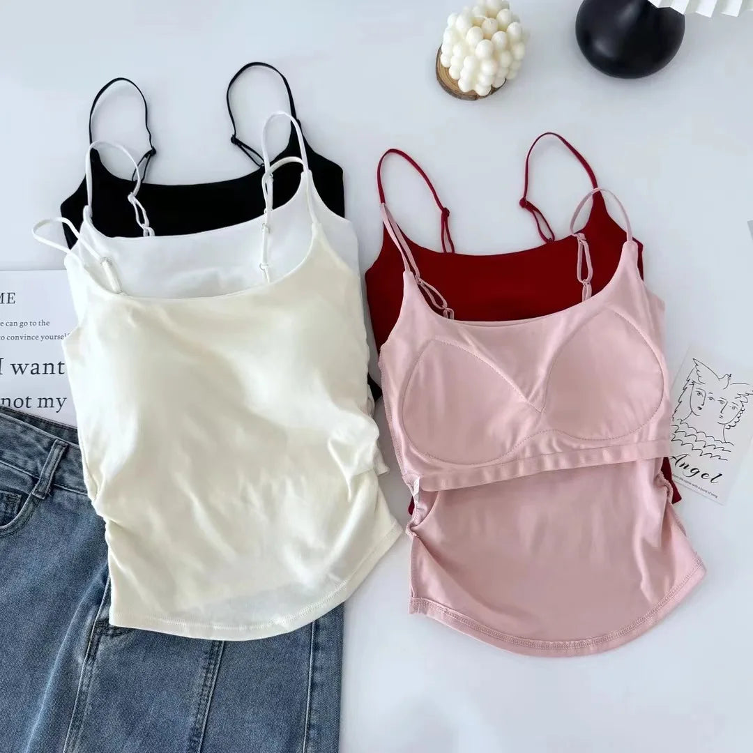 Horetong Women Pleated Camisole with Chest Cushion 2026 Spring Summer Adjustable Sleeveless Tops Sexy Sweet Slim Elastic Camis Peaceful Pleasures Health and Wellness