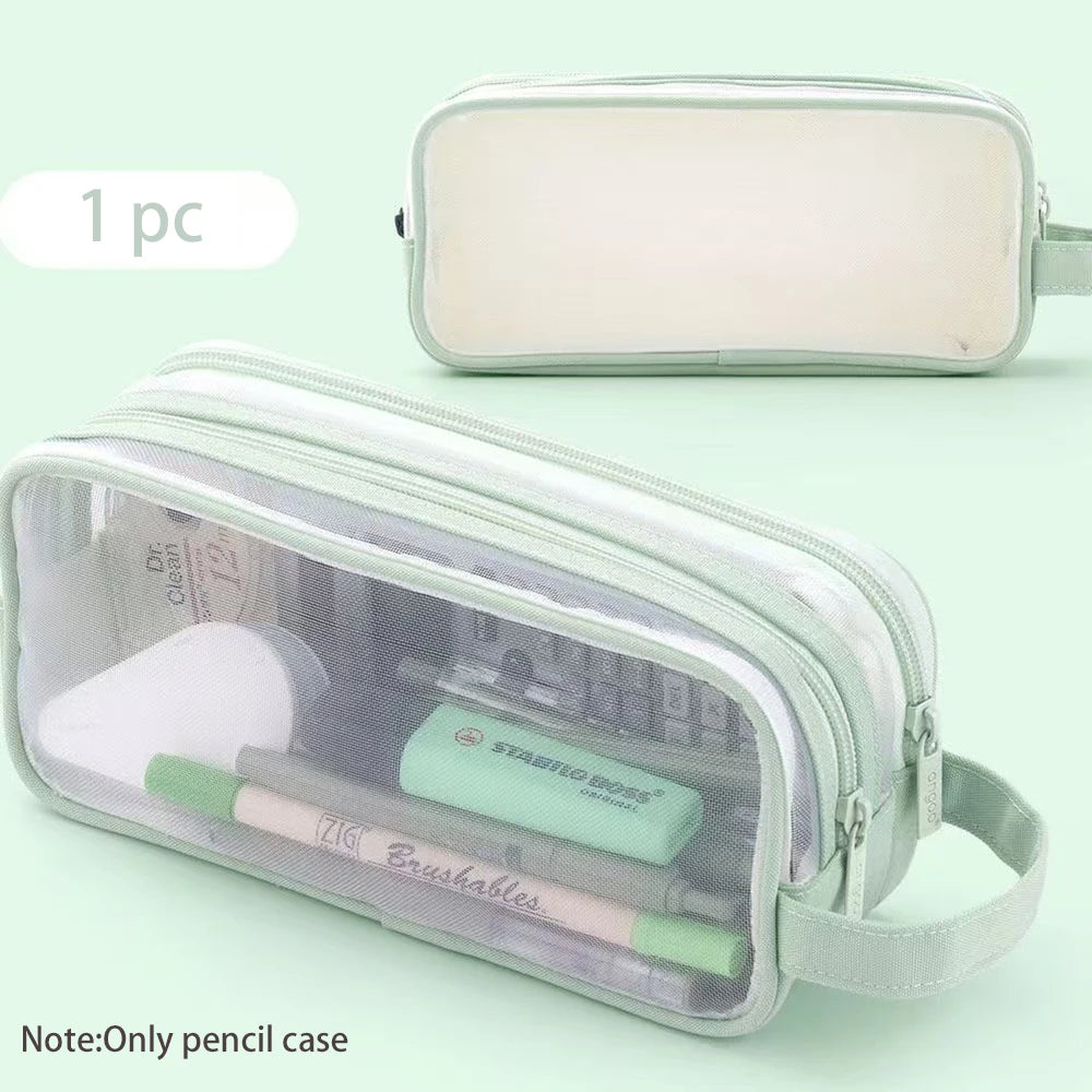 Mesh Double-layer Pencil Case Large Capacity Student Creative Simple