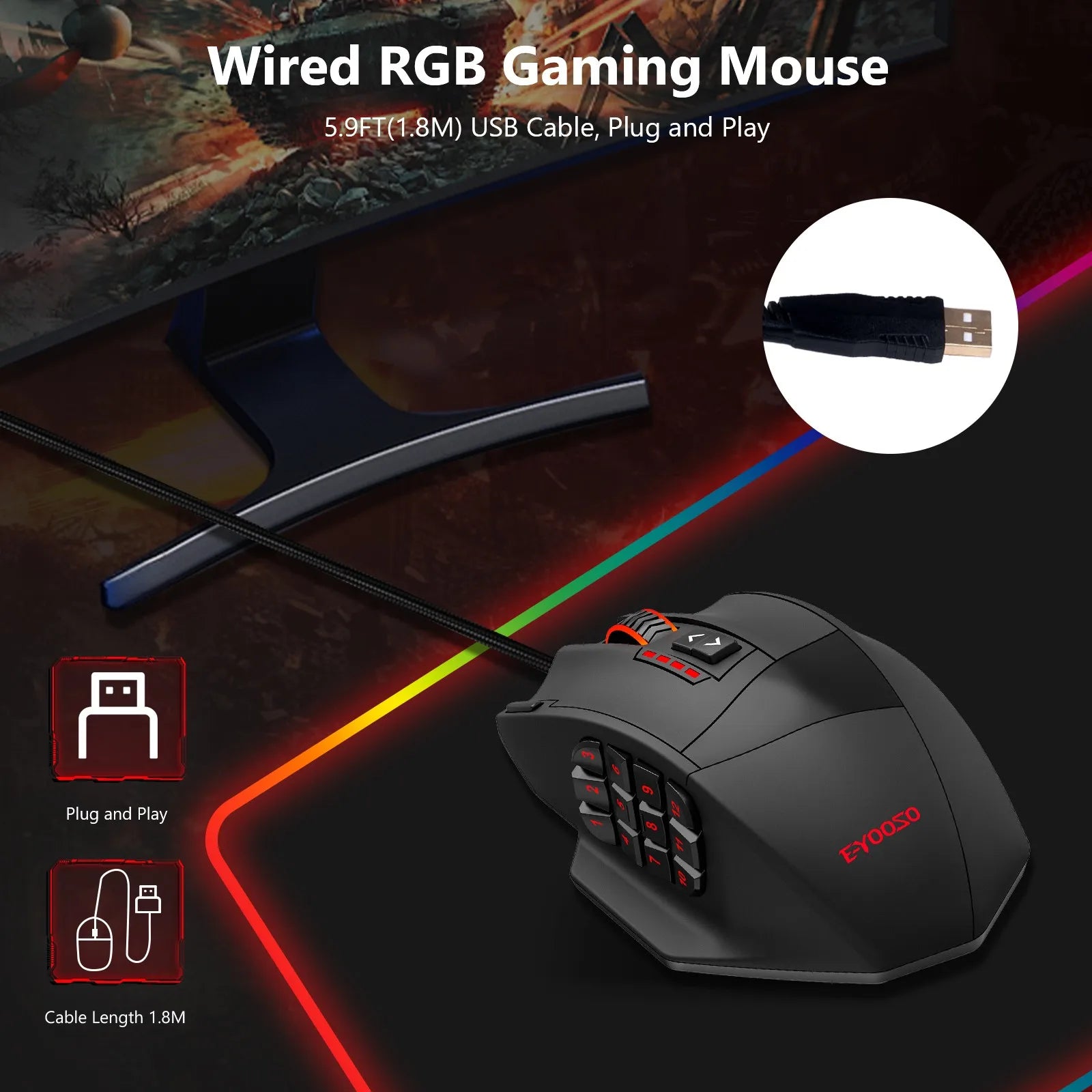 E-YOOSO X-39 Programmable Gaming Mouse, Wired RGB Mouse with 18 Buttons, 8 Removable Weights, 5 DPI, Ergonomic Grip for Computer Peaceful Pleasures Health and Wellness