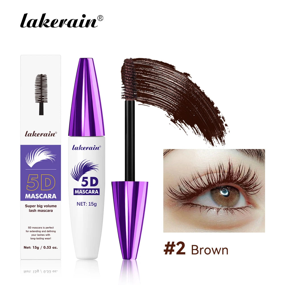 Lakerain 5D Mascara Eyelashes Lengthening Long-Lasting Intense Black Waterproof Nourishing Smudge-Proof Mascara Eye Makeup Peaceful Pleasures Health and Wellness Brown
