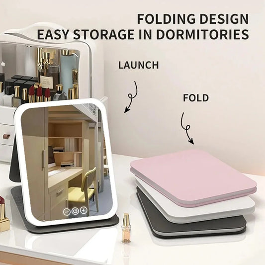 3 Colors LED Vanity Mirror with Touch Screen USB Rechargeable Dimming Makeup Mirror 3 Brightness Portable Fold Mirror Tabletop Peaceful Pleasures Health and Wellness