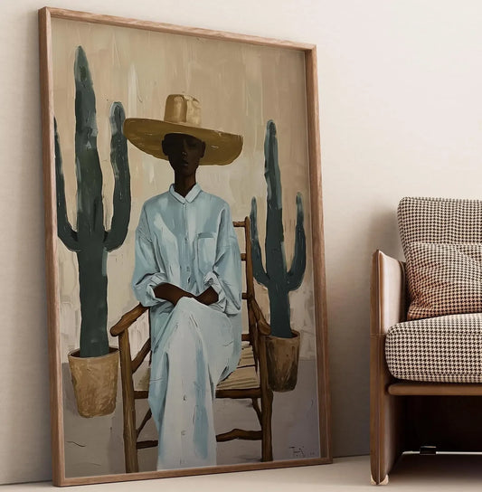 Minimalist Desert Wall Art Print, Southwestern Woman with Cactus Illustration, Modern Boho Style Decor, Digital Download Poster Peaceful Pleasures Health and Wellness