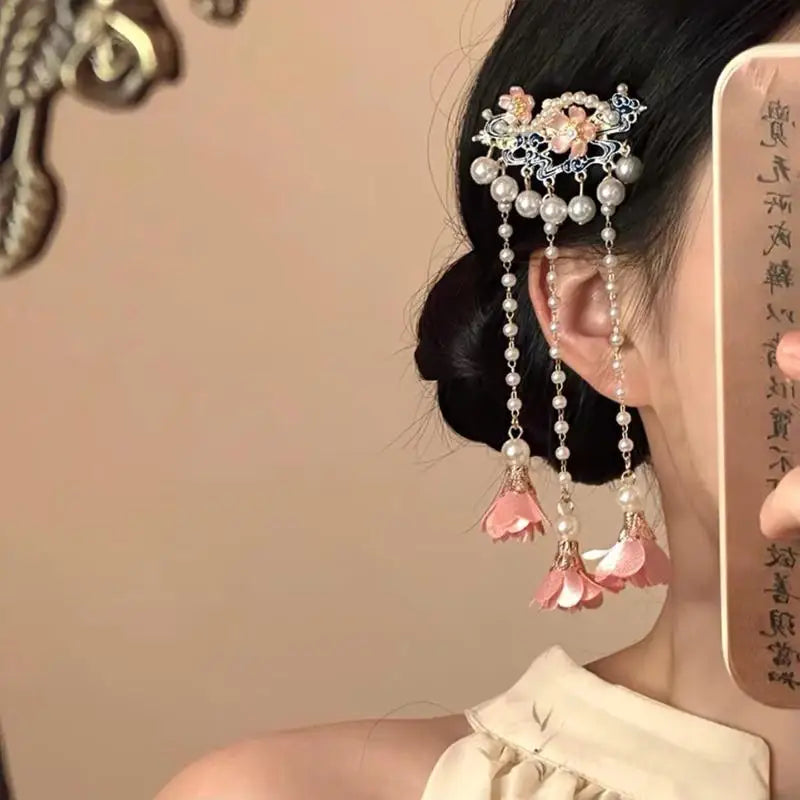 Vintage Pearl Tassel Hair Clip – Enamel Flower Hanfu Hair Pin