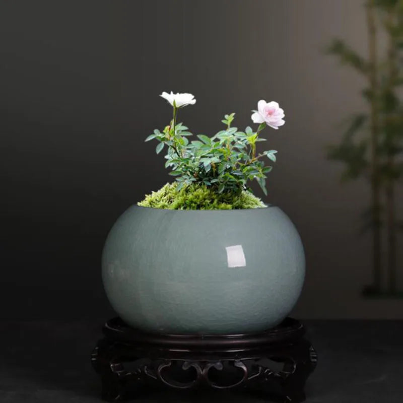 Chinese Ceramic Bonsai Vase | Glazed Porcelain Flower Pot 10×6cm