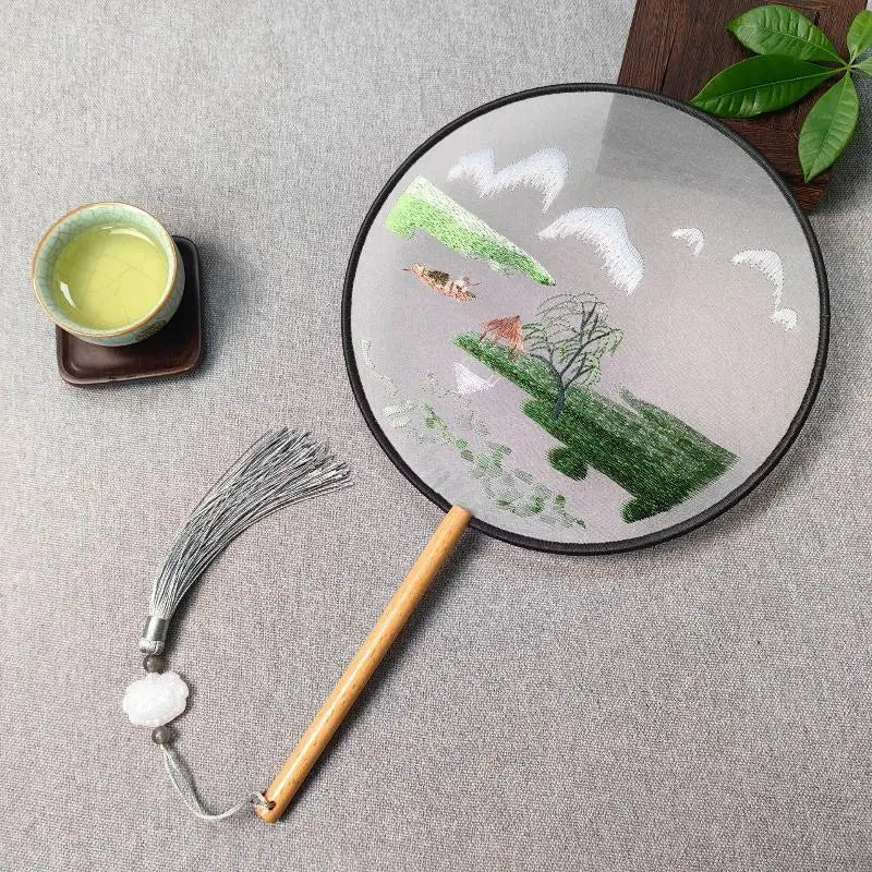 Su Embroidery Silk Round Hand Fan – Wooden Handle & Tassel