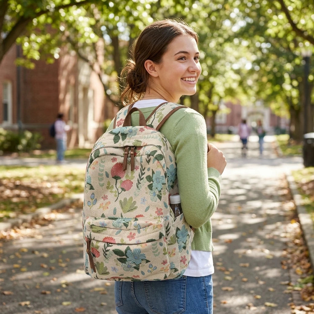 Floral Print Backpack For Women Lightweight Casual Daypack With Multi Compartments And Waterproof Fabric Peaceful Pleasures Health and Wellness