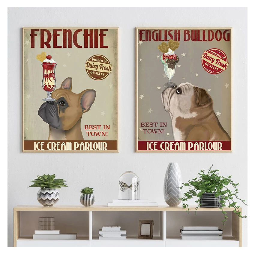 English Bulldog Ice Cream Retro Canvas Wall Art | Unframed