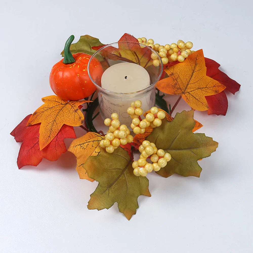 Thanksgiving Candle Ring – Maple Leaves & Pumpkin Fall Wreath