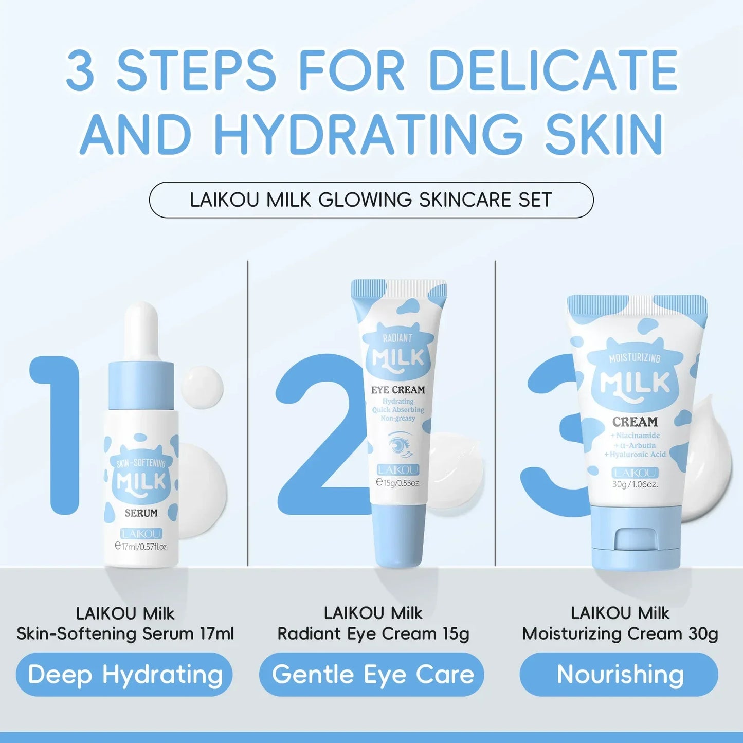 LAIKOU Milk Skincare Travel Set – Serum, Eye Cream & Face Cream 3pcs Peaceful Pleasures Health and Wellness