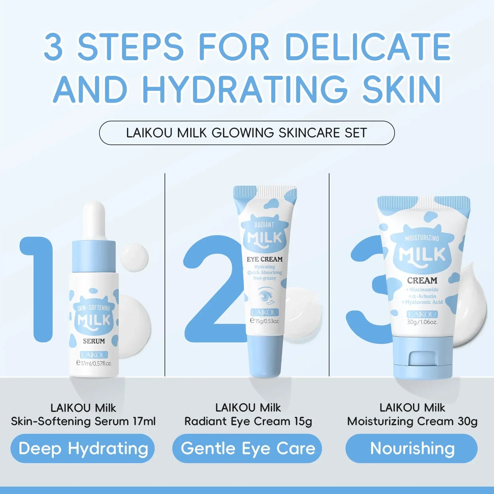 LAIKOU Milk Skincare Travel Set – Serum, Eye Cream & Face Cream 3pcs Peaceful Pleasures Health and Wellness