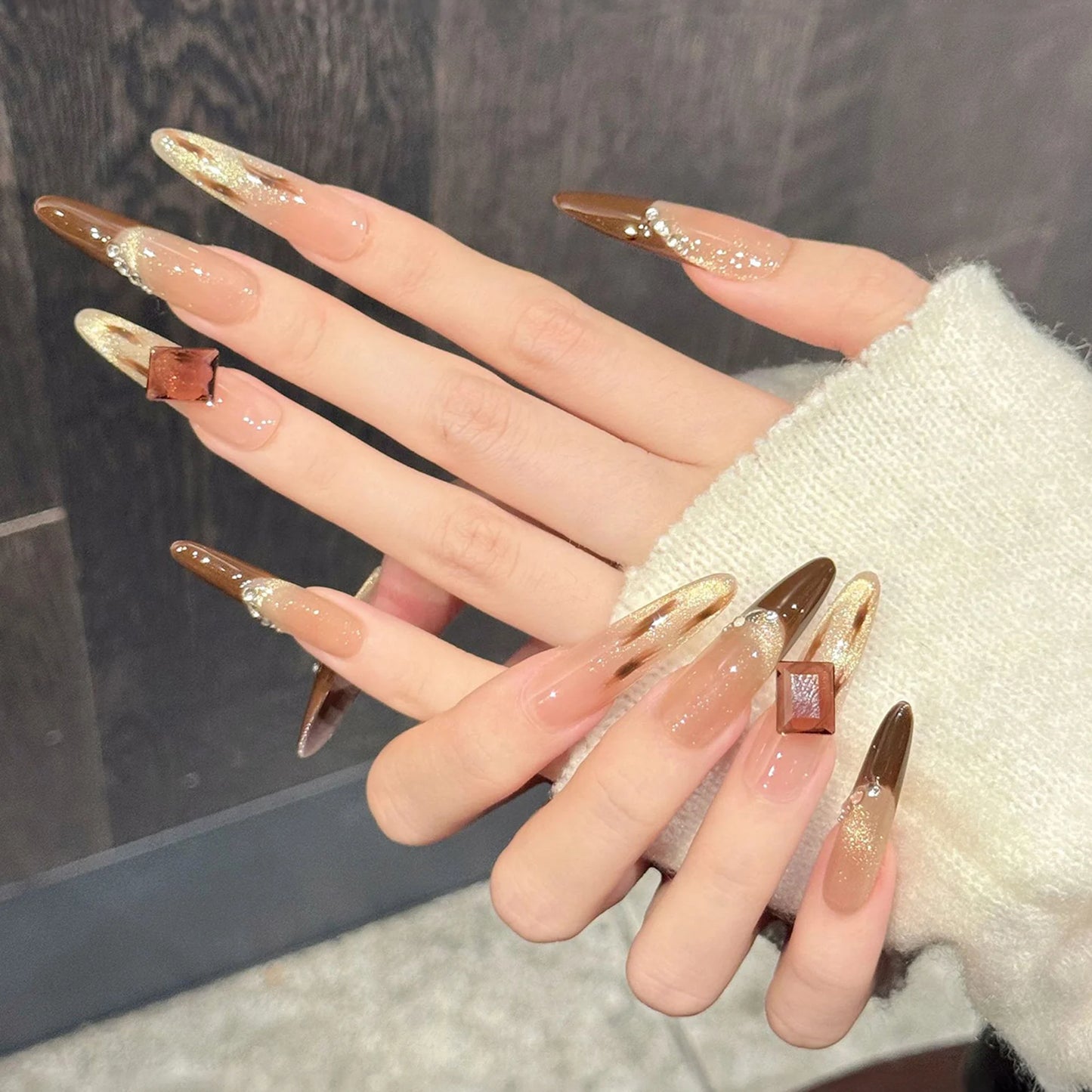 Long French Press-On Nails Brown Sugar Diamond Square Tips