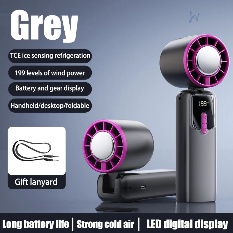 Lenovo Portable Handheld Small Fan 100-Speed Powerful Wind Cold Air Electric Fan Charging Foldable 90° Adjustable Outdoor Travel Peaceful Pleasures Health and Wellness Grey-refrigeration